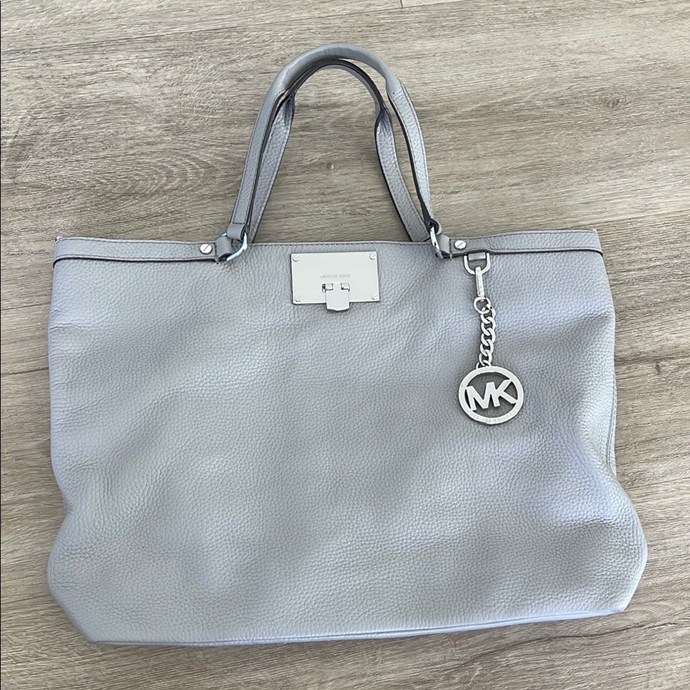 Michael Kors Gray Leather Tote with Silver Hardware, MK Charm, Shoulder Straps